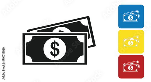 Stack of stylized black and white dollar banknotes icons displayed beside colored button variations