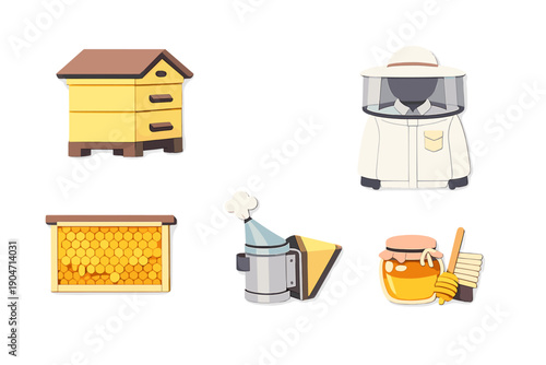 A collection of beekeeping equipment icons including a yellow beehive, a protective white beekeeper suit, a honeycomb frame, a metal smoker, and a jar of honey with a dipper.
