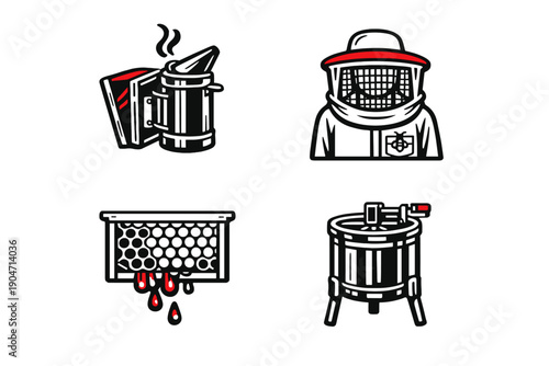 This set of four graphic icons illustrates beekeeping equipment including a smoker, a beekeeper in a veil, a dripping honeycomb frame, and a honey extractor on a black background.