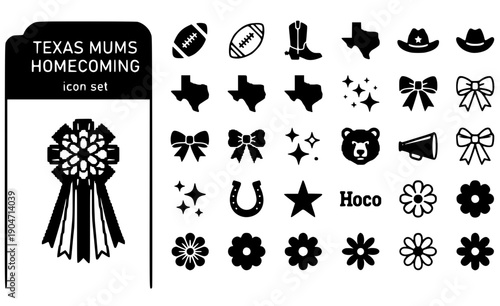 Texas Mums Homecoming Giant-Ribbons Flower-Corsage Texas-Tradition Mum-Culture Homecoming-Flower Ribbon-Decoration Vector Icon Set - Texas Mums