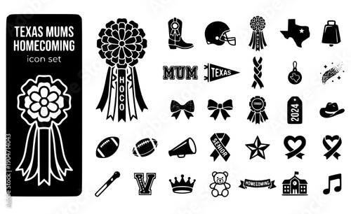 Texas Mums Homecoming Giant-Ribbons Flower-Corsage Texas-Tradition Mum-Culture Homecoming-Flower Ribbon-Decoration Vector Icon Set - Texas Mums
