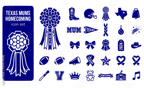 Texas Mums Homecoming Giant-Ribbons Flower-Corsage Texas-Tradition Mum-Culture Homecoming-Flower Ribbon-Decoration Vector Icon Set - Texas Mums