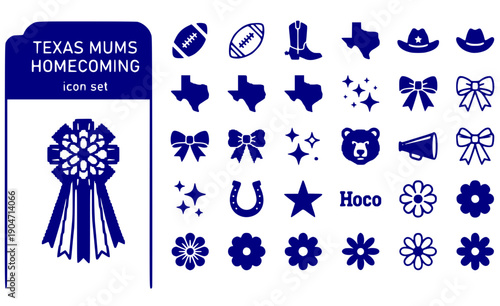 Texas Mums Homecoming Giant-Ribbons Flower-Corsage Texas-Tradition Mum-Culture Homecoming-Flower Ribbon-Decoration Vector Icon Set - Texas Mums