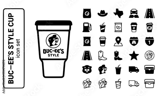Buc-ee's Style Cup Gas-Station Travel-Cup Texas-Roadtrip Convenience-Store Beaver-Cup Nugget-Cup Vector Icon Set - Texas Travel