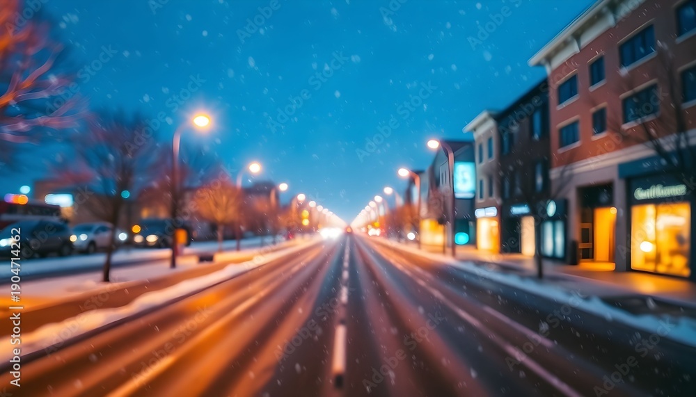 Obraz premium A snowy city street at dusk with streetlights and buildings