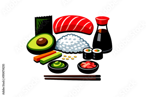 A colorful vector illustration of various sushi ingredients including salmon nigiri, avocado, soy sauce, wasabi, ginger, and chopsticks arranged on a black background.