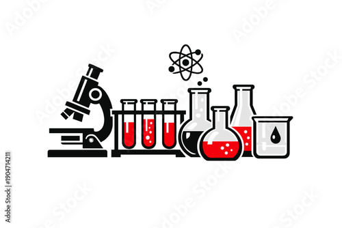 A minimalist vector illustration of laboratory equipment including a microscope, test tubes, flasks, and a beaker with red liquid accents against a solid black background.
