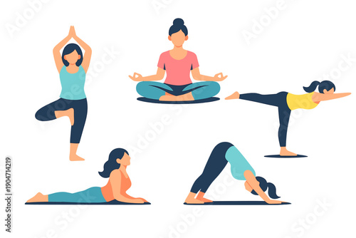 A flat vector illustration featuring five women in various yoga poses, including tree, lotus, and downward dog, set against a dark background for a clean and modern fitness concept.