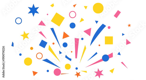 Colorful Geometric Shapes and Confetti Explosion.