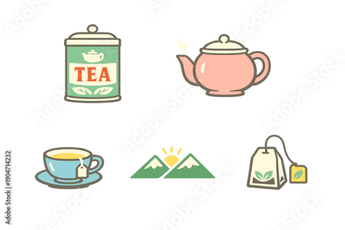 A collection of five tea-themed icons including a green tea tin, a pink teapot, a blue teacup with a tea bag, a mountain landscape with a sun, and a single tea bag on a black background.