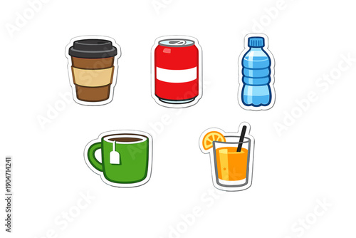 A collection of five beverage icons including a coffee cup, soda can, water bottle, tea mug, and orange juice glass, all designed in a cartoon sticker style with white outlines.