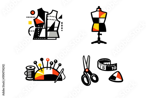 A collection of four stylized sewing and tailoring icons including a dress form, pincushion, scissors, and measuring tape, presented in a minimalist geometric design on a black background.