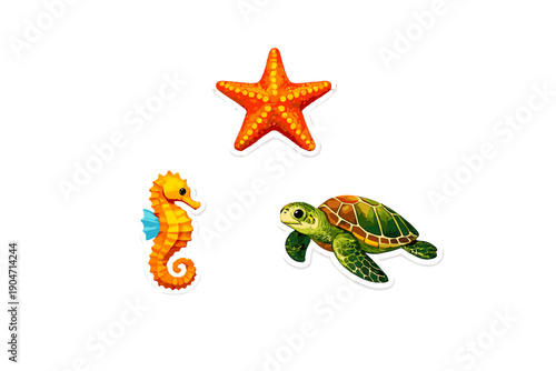 A collection of three sea creature stickers featuring an orange starfish, a yellow seahorse, and a green sea turtle with a brown shell, all set against a solid black background.