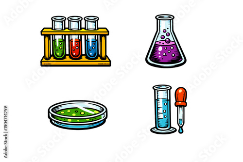 A collection of four colorful laboratory equipment illustrations including test tubes in a rack, an Erlenmeyer flask, a petri dish, and a graduated cylinder with a dropper.