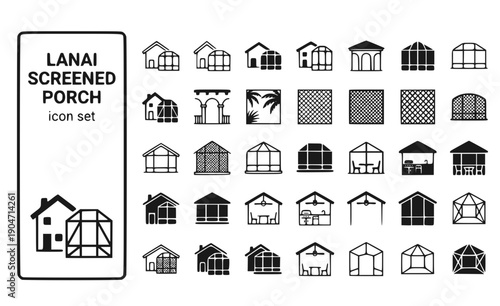 Lanai Screened Porch Screen-Cage Florida-Architecture Screened-Enclosure Patio-Cage Outdoor-Living House-Screen Vector Icon Set - Florida Lanai