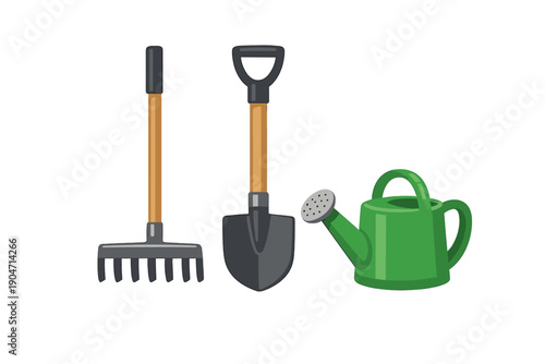 A set of three gardening tools including a metal rake, a shovel with a wooden handle, and a green plastic watering can, isolated on a black background.