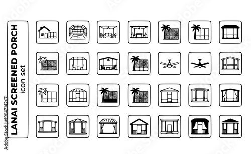 Lanai Screened Porch Screen-Cage Florida-Architecture Screened-Enclosure Patio-Cage Outdoor-Living House-Screen Vector Icon Set - Florida Lanai