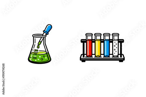 An illustration of laboratory equipment featuring an Erlenmeyer flask with green liquid and a dropper, alongside four colorful test tubes in a rack against a black background.