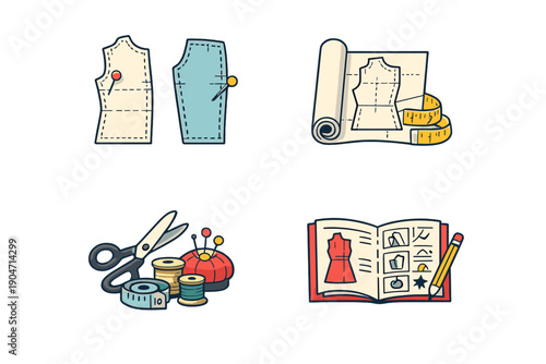 This set of four illustrations depicts various tailoring and dressmaking elements like paper patterns, pins, scissors, thread spools, a measuring tape, and a fashion design notebook.