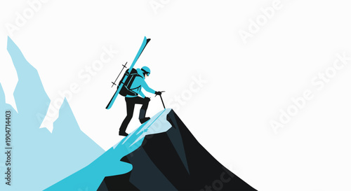Illustration of a skier climbing up a mountain with skis and poles in a stylized, graphic composition with a bold color scheme.