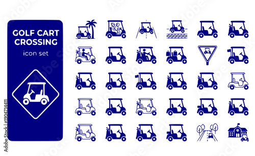 Golf Cart Crossing Street-Sign Florida-Retirement Community-Transport Neighborhood-Traffic Senior-Living Cart-Sign Vector Icon Set - Cart Crossing