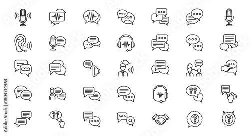 Comprehensive set of modern line icons illustrating diverse communication methods, including speech, sound, messaging, discussion, and interactive conversations for digital platforms