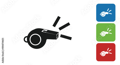 Black and white graphic icon representing a referee's whistle blowing with sound lines displayed prominently