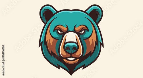Bold teal and brown bear mascot head illustration with intense expression, perfect for sports teams or adventure brands