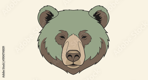 Stylized vector illustration of a bear's head with a calm expression, featuring earthy green and brown tones on a light background, suitable for animal-themed designs or logos