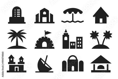 resort hotel flat icon set silhouette editable