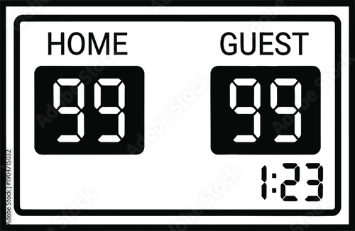 A digital scoreboard showing a tied score between home and guest teams with a time display.