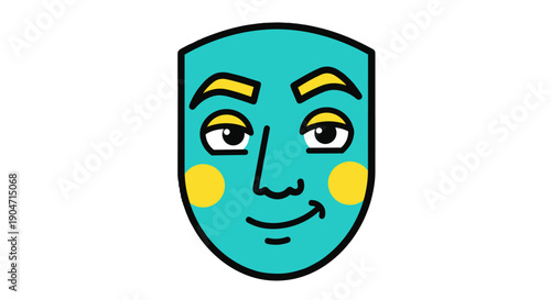 Vibrant teal theatrical mask illustration with a cheerful yellow-accented smiling face, conveying happiness and playful character design on a clean white background