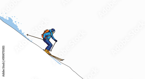 A skier in blue and orange gear skiing down a snowy slope with motion blur on a white background.