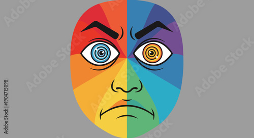 Vibrantly colored segmented face illustration expressing intense anger and complex emotional states, featuring swirling, hypnotic eyes within a spectrum design