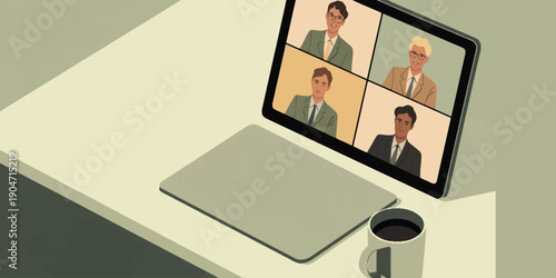 Virtual meeting on laptop screen with coffee illustration 