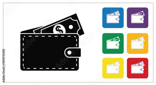 Set of icons depicting a wallet with cash protruding including a large black version and colored variations