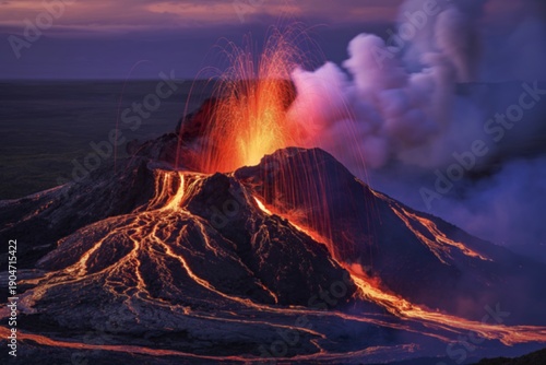 A photo of a volcanic eruption at night