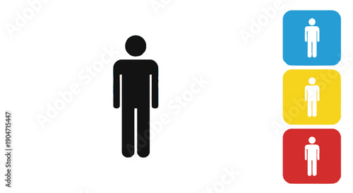 Simple black male restroom pictogram displayed next to colorful square icons for signage