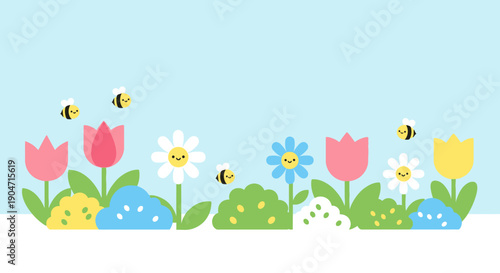 Colorful Tulips and Daisies with Bees.