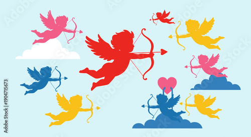 Cupid and Multiple Mini Cupids Flying with Arrows.
