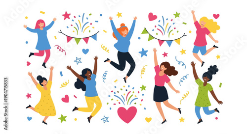 Diverse People Jumping with Joyful Expressions.