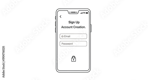 Vector smartphone screen with sign up form, account creation interface, login and password fields, lock icon, for app design or website mockup, isolated on transparent background, png