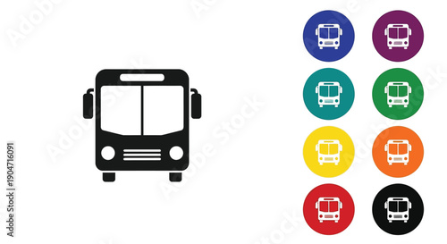 Collection of different colored bus icons representing public transportation systems and travel symbols