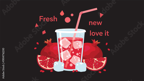 Refreshing pomegranate juice in glass with ice cubes and straw surrounded by whole and cut pomegranates on dark background.