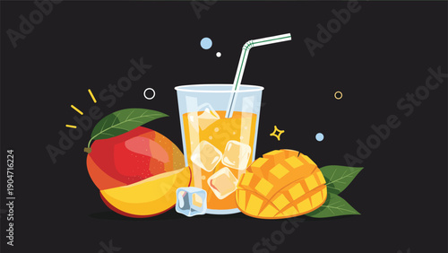 Refreshing mango juice in glass with ice cubes and straw surrounded by whole and sliced mango fruit on dark background.