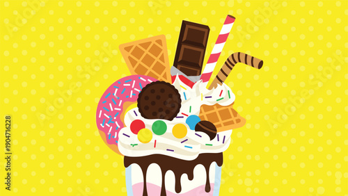 Delicious and colorful freakshake illustration with pink milkshake, chocolate, donut, cookie, candies and whipped cream.