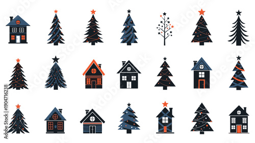 Festive pattern of various stylized christmas trees and cozy winter houses with red stars and windows on white background.