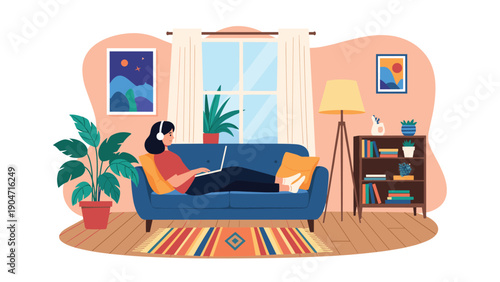Young woman relax on blue sofa and working on laptop in modern living room with home plants, lamp and wall art.