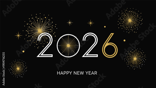 Elegant happy new year 2026 celebration banner with golden and white numbers and fireworks on black background.