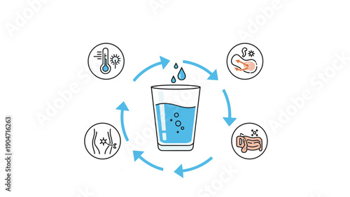 Educational diagram showing the importance of drinking water for human health and body functions with arrows and icons.